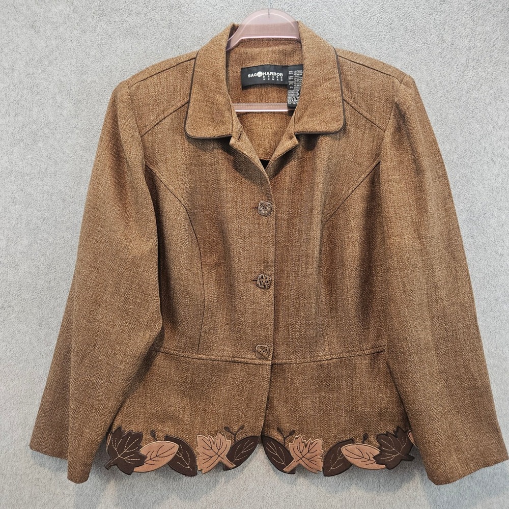 SAG HARBOR Blazer Jacket Women 14W Brown Leaf Embroidered Herringbone Career